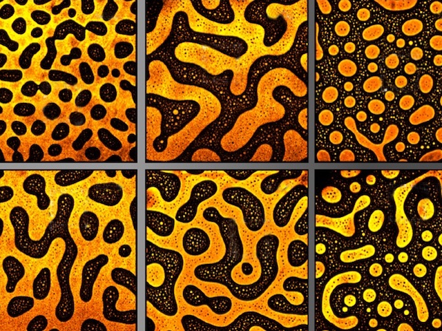 Imatge amb sis quadrats que mostren patrons irregulars de color groc i negre, amb formes corbes i colors intensos
